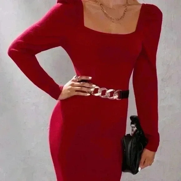 NWT Modely Puff Sleeve Knit Dress Without Belt Burgundy L-XL - Picture 2 of 5